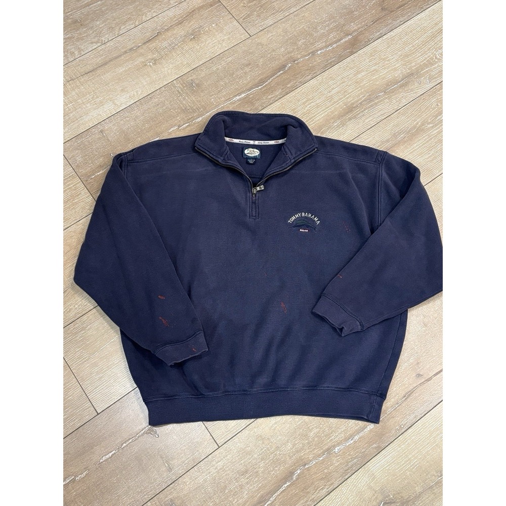 Tommy Bahama Relax Mens XL Navy 1/4 Zip Pullover Sweatshirt PAINT FLAWS READ